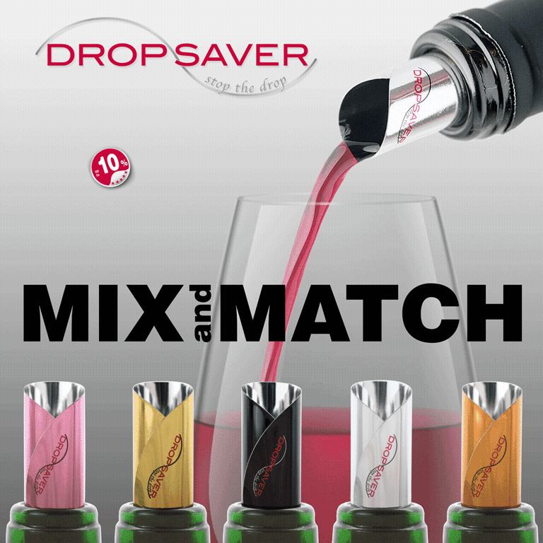 Colorful DROPSAVER® wine pourers in pink, gold, black, silver, and copper — Mix and Match your drip-free style.