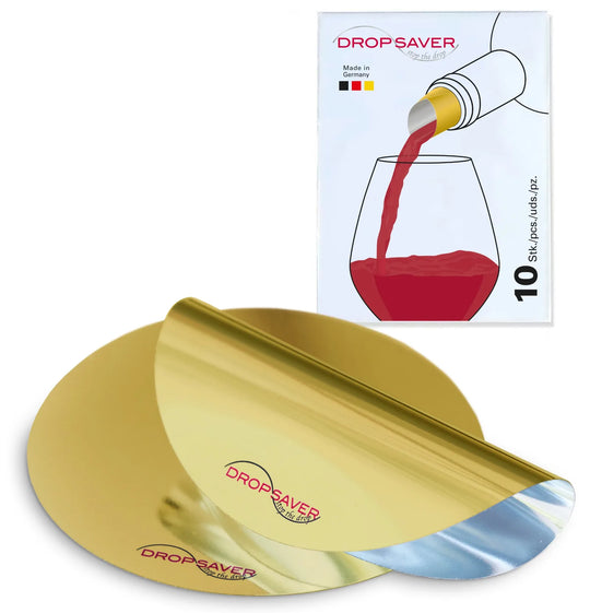 DROPSAVER® drip-free wine pourer – 10-pack gold reusable discs, Made in Germany.