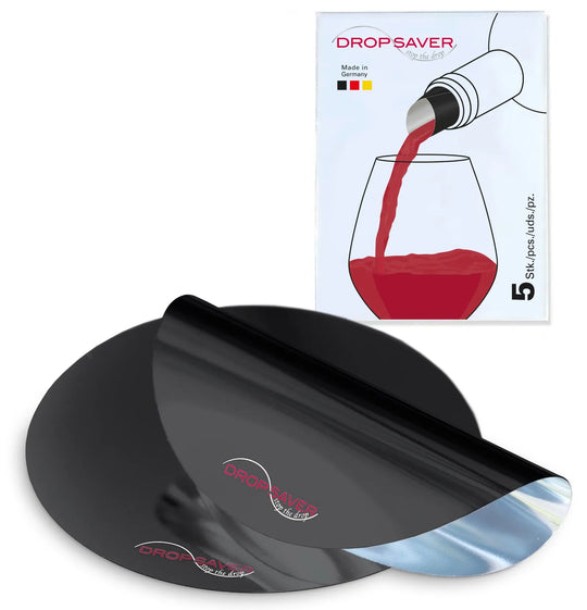 DROPSAVER® drip-free wine pourer – 5-pack black reusable discs, Made in Germany.