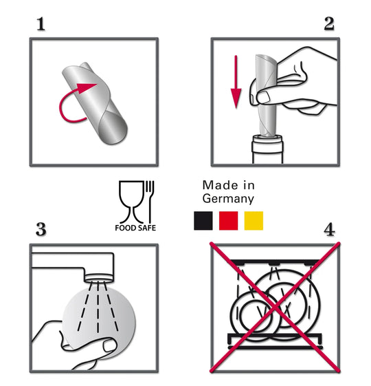 DROPSAVER® usage instructions – how to roll, insert, rinse and care for the drip-free wine pourer (not dishwasher safe).